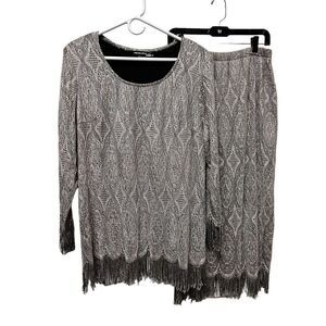 Sharade Nites Size 18 Vintage Top & Skirt Black‎ & Silver Metallic Fringe CFJ-E